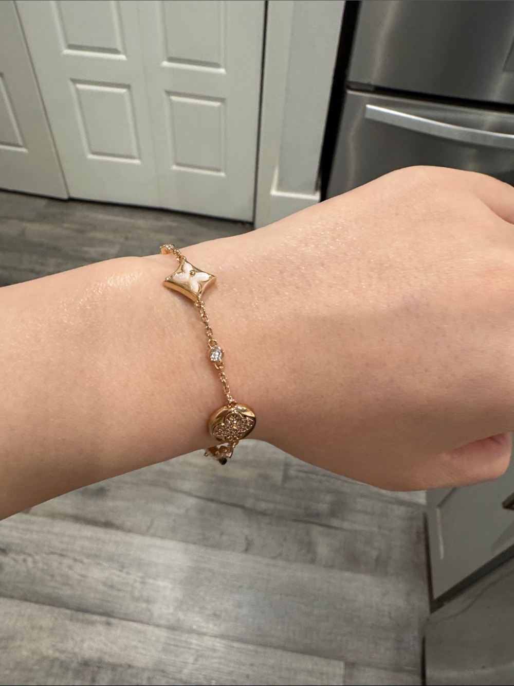 Mother of Pearl Clover & Star Bracelet Champagne Gold Tone 6–7.25”